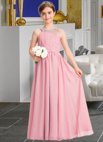 Aylin A-Line Scoop Neck Floor-Length Chiffon Lace Junior Bridesmaid Dress With Ruffle Beading Sequins UKP0013582