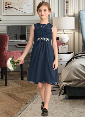 Martina A-Line Scoop Neck Knee-Length Chiffon Lace Junior Bridesmaid Dress With Beading Sequins Bow(s) UKP0013583