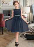 Martina A-Line Scoop Neck Knee-Length Chiffon Lace Junior Bridesmaid Dress With Beading Sequins Bow(s) UKP0013583