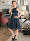 Martina A-Line Scoop Neck Knee-Length Chiffon Lace Junior Bridesmaid Dress With Beading Sequins Bow(s) UKP0013583