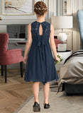 Martina A-Line Scoop Neck Knee-Length Chiffon Lace Junior Bridesmaid Dress With Beading Sequins Bow(s) UKP0013583