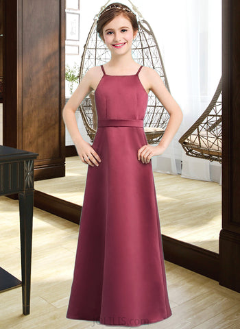 Hailey A-Line Square Neckline Floor-Length Satin Junior Bridesmaid Dress With Bow(s) UKP0013585