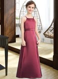 Hailey A-Line Square Neckline Floor-Length Satin Junior Bridesmaid Dress With Bow(s) UKP0013585