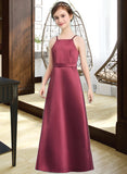 Hailey A-Line Square Neckline Floor-Length Satin Junior Bridesmaid Dress With Bow(s) UKP0013585