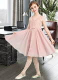 Erica A-Line V-neck Knee-Length Chiffon Junior Bridesmaid Dress With Bow(s) UKP0013586