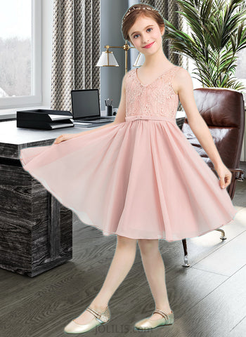 Erica A-Line V-neck Knee-Length Chiffon Junior Bridesmaid Dress With Bow(s) UKP0013586