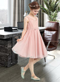 Erica A-Line V-neck Knee-Length Chiffon Junior Bridesmaid Dress With Bow(s) UKP0013586