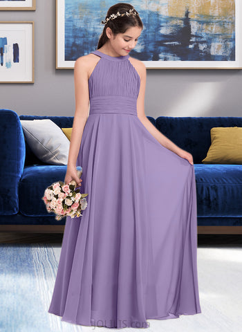 Kiley A-Line Scoop Neck Floor-Length Chiffon Junior Bridesmaid Dress With Ruffle UKP0013588