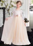 Keely Ball-Gown/Princess Scoop Neck Floor-Length Tulle Lace Junior Bridesmaid Dress With Sash Beading Bow(s) UKP0013589