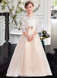 Keely Ball-Gown/Princess Scoop Neck Floor-Length Tulle Lace Junior Bridesmaid Dress With Sash Beading Bow(s) UKP0013589