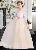 Keely Ball-Gown/Princess Scoop Neck Floor-Length Tulle Lace Junior Bridesmaid Dress With Sash Beading Bow(s) UKP0013589