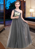 Chaya A-Line One-Shoulder Floor-Length Tulle Sequined Junior Bridesmaid Dress With Ruffle UKP0013592