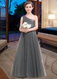 Chaya A-Line One-Shoulder Floor-Length Tulle Sequined Junior Bridesmaid Dress With Ruffle UKP0013592