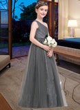 Chaya A-Line One-Shoulder Floor-Length Tulle Sequined Junior Bridesmaid Dress With Ruffle UKP0013592