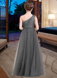 Chaya A-Line One-Shoulder Floor-Length Tulle Sequined Junior Bridesmaid Dress With Ruffle UKP0013592