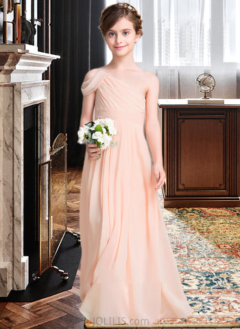 Kianna A-Line One-Shoulder Floor-Length Chiffon Junior Bridesmaid Dress With Ruffle UKP0013594