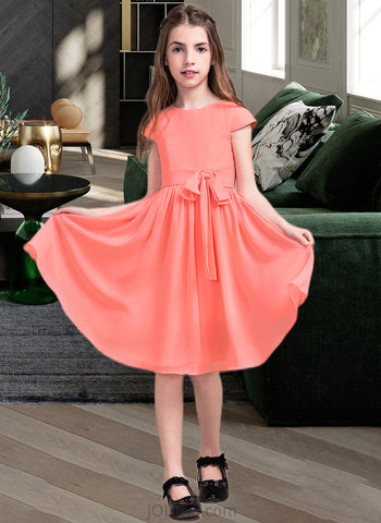 Rhianna A-Line Scoop Neck Knee-Length Chiffon Junior Bridesmaid Dress With Bow(s) UKP0013596