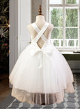 Jaycee Ball-Gown/Princess Sweetheart Tea-Length Satin Tulle Lace Junior Bridesmaid Dress With Bow(s) UKP0013597