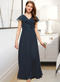 Cora A-Line V-neck Floor-Length Chiffon Junior Bridesmaid Dress With Bow(s) Cascading Ruffles UKP0013599