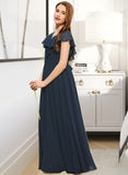 Cora A-Line V-neck Floor-Length Chiffon Junior Bridesmaid Dress With Bow(s) Cascading Ruffles UKP0013599