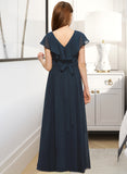 Cora A-Line V-neck Floor-Length Chiffon Junior Bridesmaid Dress With Bow(s) Cascading Ruffles UKP0013599