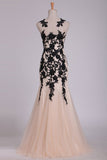 Floor Length Scoop Mermaid Tulle Prom Dresses With Black Applique