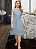 Skylar A-Line Scoop Neck Knee-Length Chiffon Junior Bridesmaid Dress With Bow(s) Cascading Ruffles UKP0013601