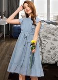 Skylar A-Line Scoop Neck Knee-Length Chiffon Junior Bridesmaid Dress With Bow(s) Cascading Ruffles UKP0013601