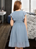 Skylar A-Line Scoop Neck Knee-Length Chiffon Junior Bridesmaid Dress With Bow(s) Cascading Ruffles UKP0013601