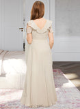 Mira A-Line V-neck Floor-Length Chiffon Junior Bridesmaid Dress With Cascading Ruffles UKP0013603