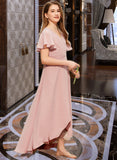 Kayleigh A-Line V-neck Asymmetrical Chiffon Junior Bridesmaid Dress With Ruffle UKP0013604