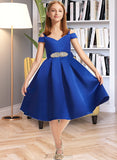 Maryjane A-Line Off-the-Shoulder Knee-Length Satin Junior Bridesmaid Dress With Beading Bow(s) UKP0013605