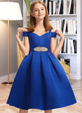 Maryjane A-Line Off-the-Shoulder Knee-Length Satin Junior Bridesmaid Dress With Beading Bow(s) UKP0013605