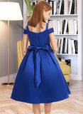 Maryjane A-Line Off-the-Shoulder Knee-Length Satin Junior Bridesmaid Dress With Beading Bow(s) UKP0013605