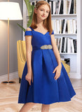 Maryjane A-Line Off-the-Shoulder Knee-Length Satin Junior Bridesmaid Dress With Beading Bow(s) UKP0013605