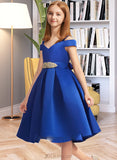 Maryjane A-Line Off-the-Shoulder Knee-Length Satin Junior Bridesmaid Dress With Beading Bow(s) UKP0013605