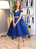 Maryjane A-Line Off-the-Shoulder Knee-Length Satin Junior Bridesmaid Dress With Beading Bow(s) UKP0013605