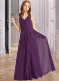 Zion A-Line V-neck Floor-Length Chiffon Junior Bridesmaid Dress With Ruffles UKP0013607