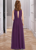 Zion A-Line V-neck Floor-Length Chiffon Junior Bridesmaid Dress With Ruffles UKP0013607