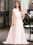 Lara A-Line Scoop Neck Sweep Train Satin Lace Junior Bridesmaid Dress With Bow(s) Pockets UKP0013609