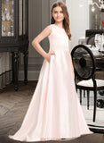 Lara A-Line Scoop Neck Sweep Train Satin Lace Junior Bridesmaid Dress With Bow(s) Pockets UKP0013609