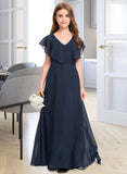 Makenzie A-Line V-neck Floor-Length Chiffon Junior Bridesmaid Dress UKP0013611