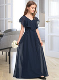 Makenzie A-Line V-neck Floor-Length Chiffon Junior Bridesmaid Dress UKP0013611