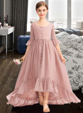 Marcie A-Line Scoop Neck Asymmetrical Chiffon Junior Bridesmaid Dress With Bow(s) Cascading Ruffles UKP0013612