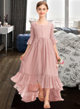 Marcie A-Line Scoop Neck Asymmetrical Chiffon Junior Bridesmaid Dress With Bow(s) Cascading Ruffles UKP0013612