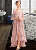 Marcie A-Line Scoop Neck Asymmetrical Chiffon Junior Bridesmaid Dress With Bow(s) Cascading Ruffles UKP0013612