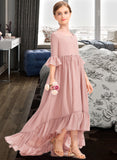 Marcie A-Line Scoop Neck Asymmetrical Chiffon Junior Bridesmaid Dress With Bow(s) Cascading Ruffles UKP0013612