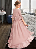 Marcie A-Line Scoop Neck Asymmetrical Chiffon Junior Bridesmaid Dress With Bow(s) Cascading Ruffles UKP0013612