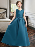 Paloma Ball-Gown/Princess V-neck Floor-Length Satin Junior Bridesmaid Dress With Ruffle UKP0013613