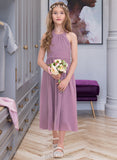 Magdalena A-Line Halter Tea-Length Chiffon Junior Bridesmaid Dress With Ruffle UKP0013616